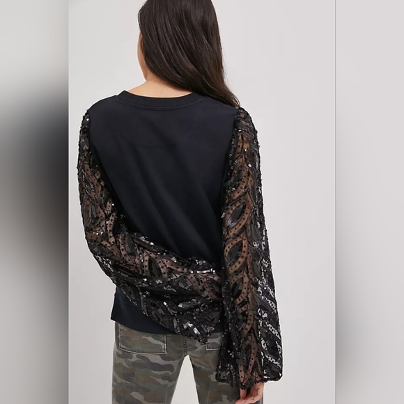 ❤️ ANTHROPOLOGIE MAEVE TASHA SEQUIN LACE SLEEVED SWEATSHIRT, SMALL - Picture 2 of 10